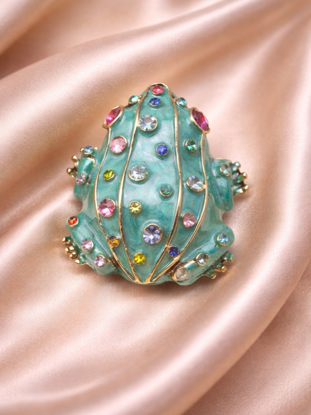 Turquoise Frog Jeweled Gold Brooch